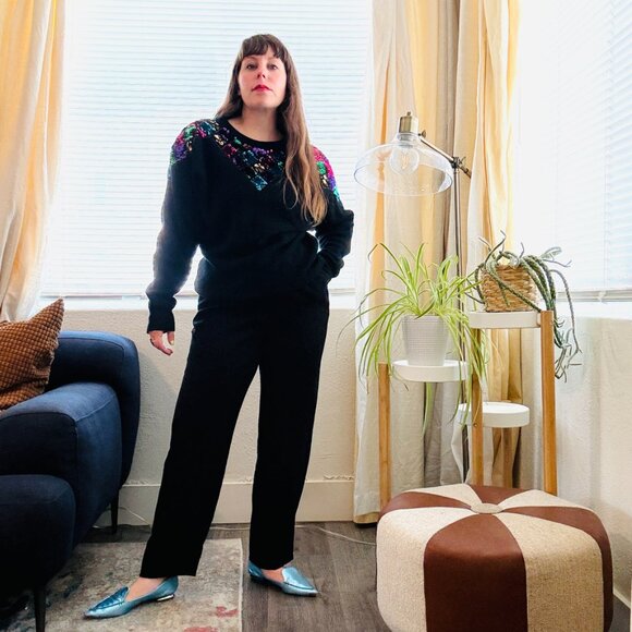 Vintage 80s Climax Black Lambswool Angora Bright Sequin Sweater | Size M/L - Picture 4 of 15